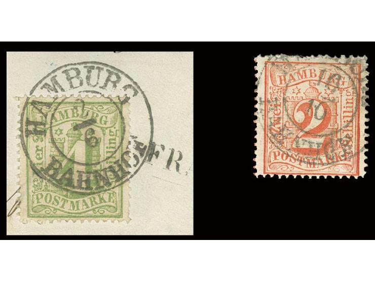 STEMPEL: "HAMBURG BAHNHOF", DKr. des preußischen Postamtes auf 2 Sch. rot sowie 4 Sch. auf Briefstück, Kabinett, je Kurzbefun