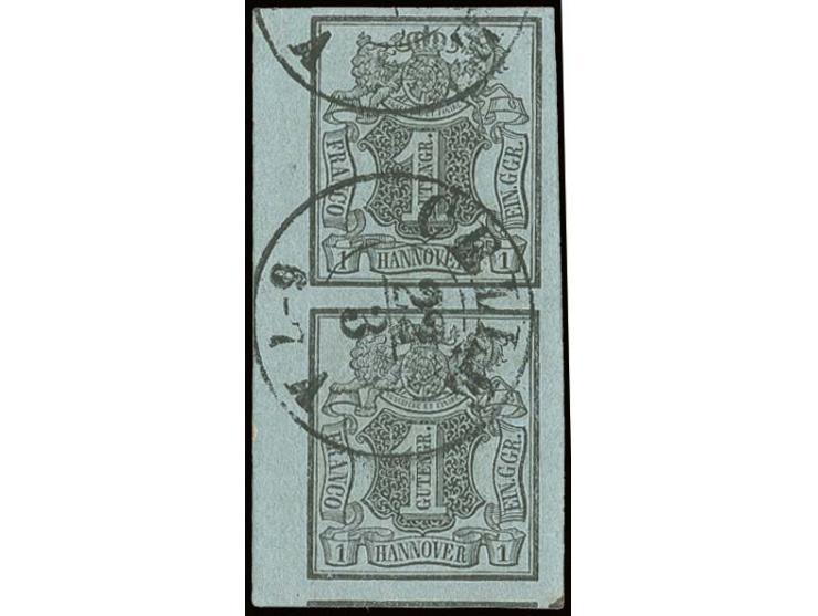 1850, 1 Ggr. auf blaugrau, schöne tiefe Farbe, allseits breitrandiges senkrechtes Paar vom linken Bogenrand mit sauberem DKr.