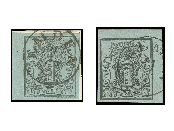 1 Ggr. auf blaugrau, linkes Randstück mit EKr. "EMDEN 9/5" auf Briefstück sowie rechte obere Bogenecke mit EKr. "BREMEN 11/2"