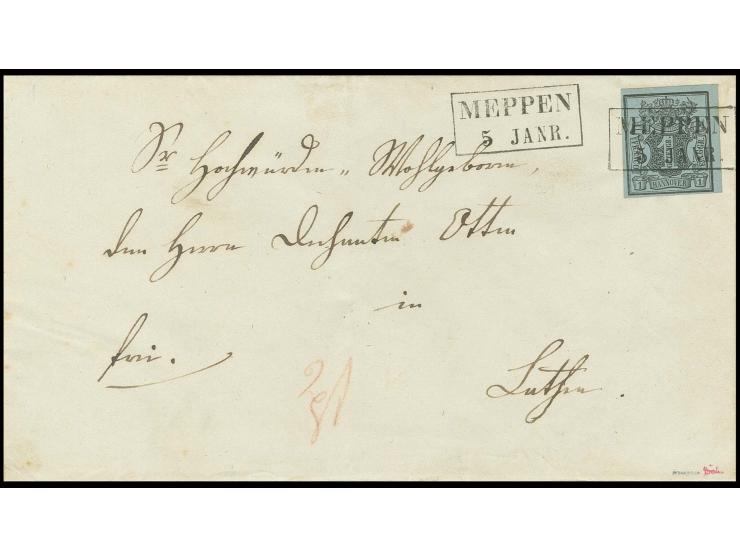 1 Ggr. auf graublau, voll- bis breitrandig und farbfrisch mit klar auf- sowie nebengesetztem schwarzen Ra2 "MEPPEN 5 JANR." a