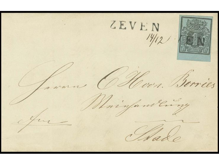 1 Ggr. auf graublau, voll- bis überrandiges Unterrandstück mit Vorausentwertung durch L1 "ZEVEN", zusätzlich nebengesetzt mit
