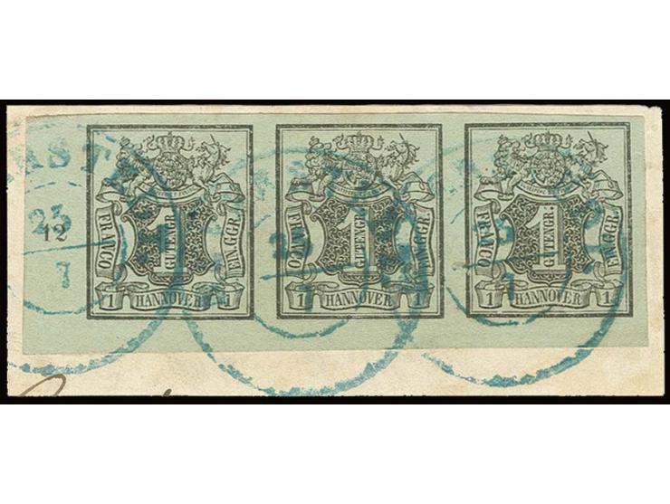 1 Ggr. auf graugrün im waagerechten 3er-Streifen, breit- bis überrandige linke untere Bogenecke mit 4/7 mm Bogenrand und link