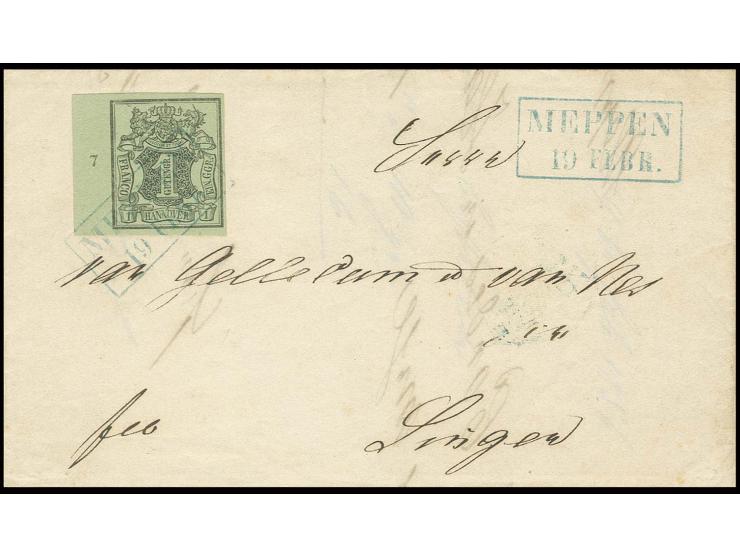 1 Ggr. auf graugrün, voll- bis breitrandiges linkes Randstück mit Reihenzähler "7" mit klarem Ra2 "MEPPEN 19 FEBR." auf klein