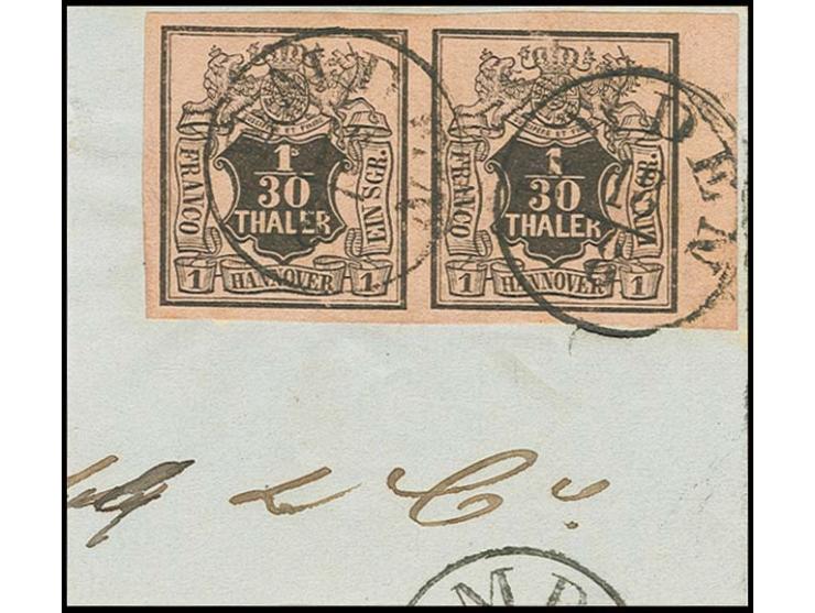 1/30 Th. auf lachsfarben im waagerechten Paar vom rechten Bogenrand, allseits breitrandig mit EKr. "EMDEN 18/8" auf Briefstüc