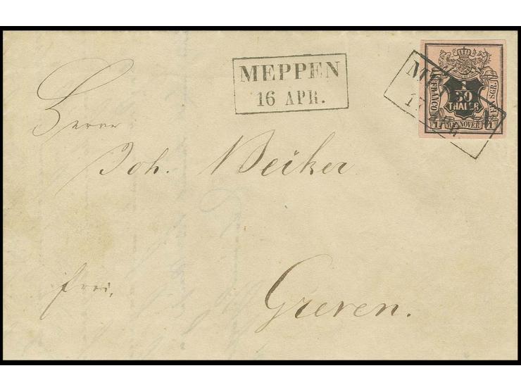 1/30 Th. auf lachsfarben, allseits breitrandig mit sauber auf- und zusätzlich nebengesetztem schwarzen Ra2 "MEPPEN 16 APR." (