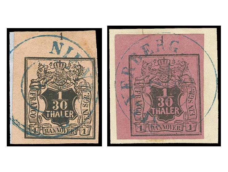 1/30 Th. auf lachsfarben und 1/30 Th. auf himbeerrot, jeweils linke obere Bogenecke mit Reihenzähler "1" mit klaren DKr. von 