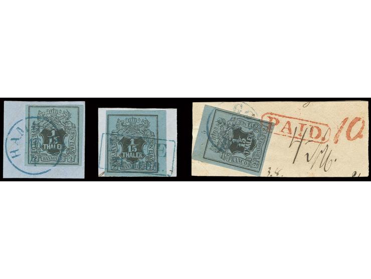 1/15 Th. auf blau, 3 breitrandige Einzelstücke, dabei rechtes Randstück und Oberrandstück mit Reihenzähler "5", je sauber ges