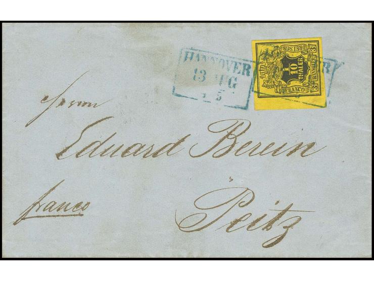 1/10 Th. auf gelb, breit- bis überrandiges linkes Randstück mit blauem Ra3 von Hannover auf Briefhülle nach Peitz; außerhalb 