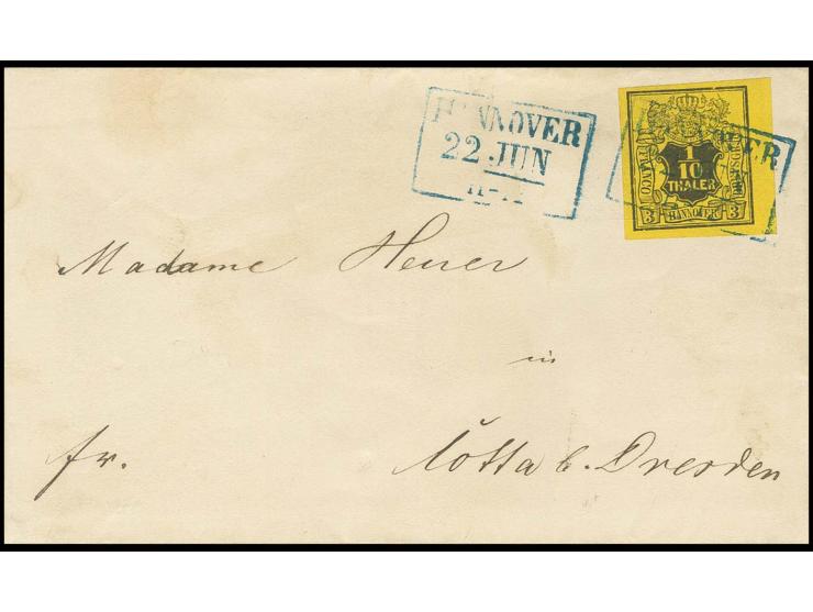 1/10 Th. auf gelb, breit- bis überrandiges rechtes Randstück mit Ra3 "HANNOVER 22 JUN 11-12" auf Briefhülle nach Dresden, Kab