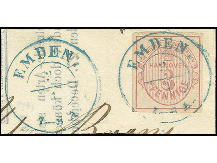 3 Pfge. rosa, allseits breitrandig mit klar und gerade aufgesetztem DKr. "EMDEN 3/1", zusätzlich nebengesetzt, auf Briefstück