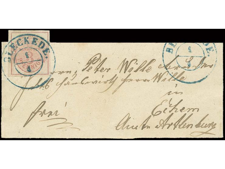 3 Pfg. mattlilarosa, allseits breitrandig mit DKr. "BLECKEDE 1/4" auf kleinem Streifband, Marke zu ca. 1/3 über den Rand gekl