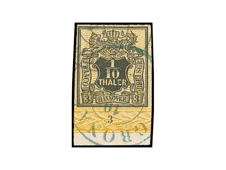 1855, 1/10 Th. schwarz, orange genetzt, voll- bis überrandiges Unterrandstück mit Reihenzähler "3", sauber entwertet durch DK