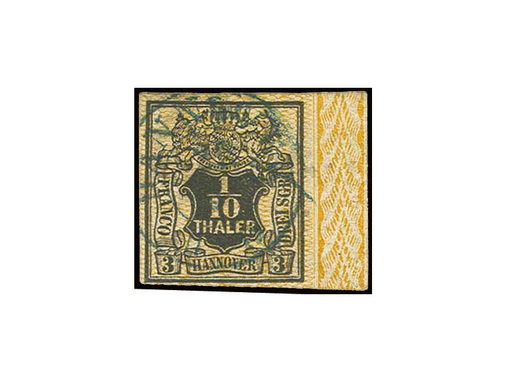 1/10 Th. schwarz, voll- bis überrandiges rechtes Randstück mit Bordüre, entwertet durch EKr. von Hannover, Pracht, sign. H. K