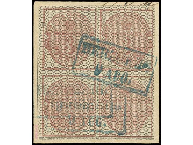 1856, 3 Pfg. rotkarmin, schwarz genetzt, im meist breitrandigen 4er-Block vom Unterrand mit unten deutlich erkennbarer Bordür