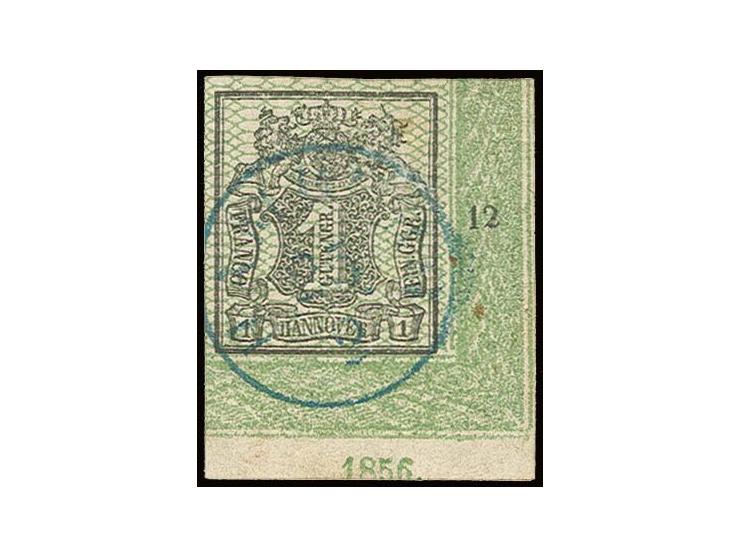 1 Ggr. schwarz, breit- bis überrandige rechte untere Bogenecke mit Reihenzähler "12" und Jahreszahl "1856", zentrisch gestemp
