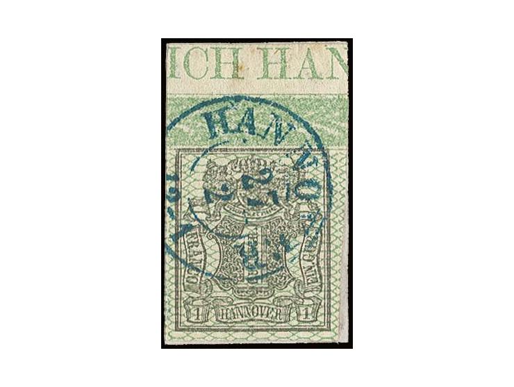 1 Ggr. schwarz, breit- bis überrandiges Oberrandstück mit Randinschrift "ICH HAN", mit sauberem DKr. "HANNOVER 27 2" auf Brie