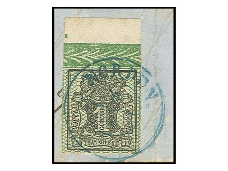 1 Ggr. schwarz, breit- bis überrandiges Oberrandstück mit Bordüre, mit DKr. von Norden auf Briefstück, Kabinett, sign. H. Kra