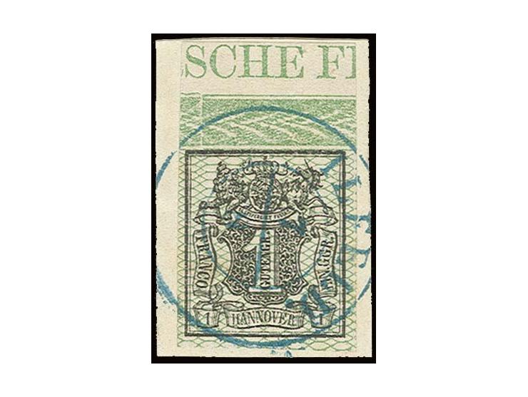 1 Ggr. schwarz, allseits breit- bis überrandiges Oberrandstück mit Randinschrift "SCHE F" mit glasklar aufgesetztem EKr. "ILF