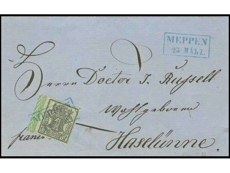 1 Ggr. schwarz, allseits breitrandiges linkes Randstück mit Reihenzähler "7" mit sauberem Ra2 "MEPPEN 25 MÄRZ." (1856) auf Br