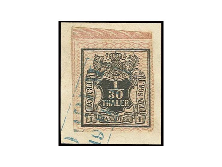 1/30 Th. schwarz, breit- bis überrandige linke obere Bogenecke mit Ra2 auf Briefstück, Kabinett, sign. H. Krause