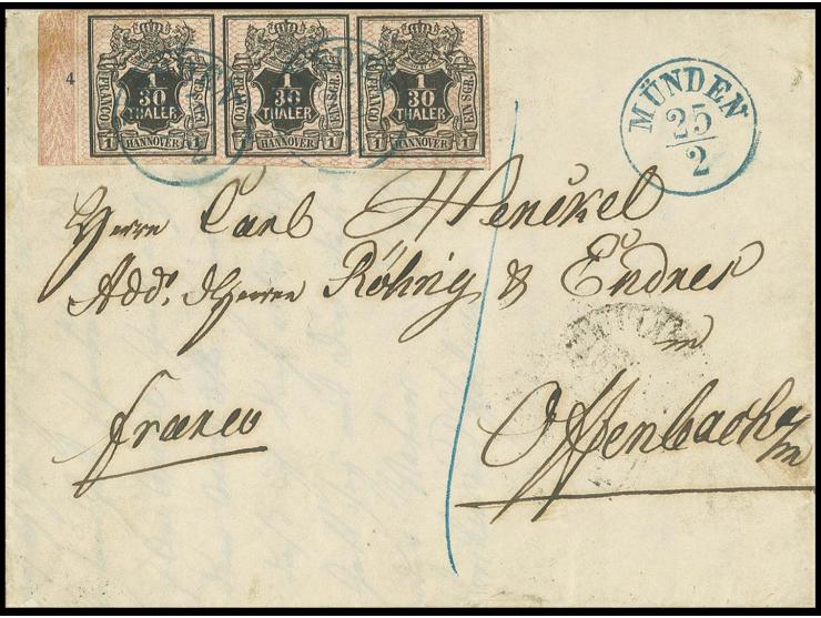 1/30 Th. schwarz, im waagerechten 3er-Streifen, allseits voll- bis überrandig vom linken Bogenrand mit Reihenzähler "4" mit b