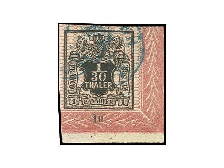 1/30 Th. schwarz, rotkarmin genetzt, allseits breit- bis überrandige rechte untere Bogenecke mit Reihenzähler "10", gestempel