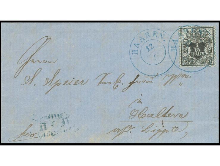 1/15 Th. schwarz, allseits breitrandig mit klarem DKr. "HAAREN 12/9" (1858) auf Faltbrief nach Haltern, Pracht, Kurzbefund Be