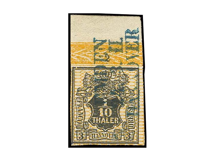 1/10 Th. schwarz, voll- bis überrandiges Oberrandstück mit Reihenzähler "2", sauber entwertet durch Bahnpost-L3 "EMDEN /HANNO