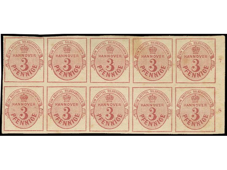 1859, 3 Pfg. rosa im waagerechten 10er-Block vom rechten Bogenrand mit Reihenzählern "7" und "8", ungebraucht mit Originalgum