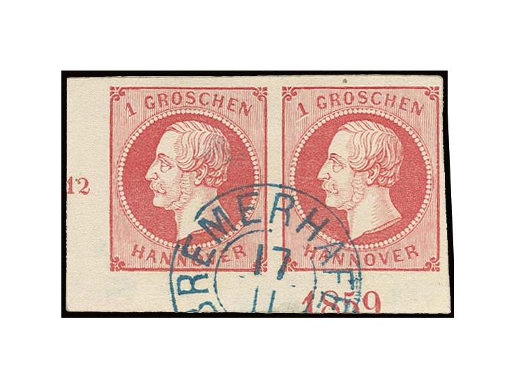 Georg 1 Gr. rosa im waagerechten Paar, voll- bis überrandige linke untere Bogenecke mit Reihenzähler "12" und Jahreszahl "185