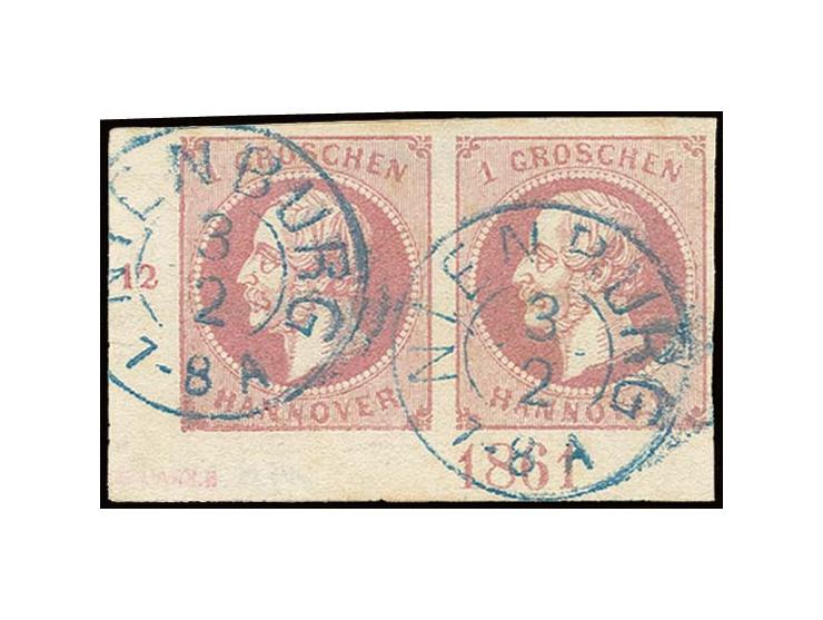 1 Gr. hellrosa im waagerechten Paar, voll- bis überrandige linke untere Bogenecke mit Reihenzähler "12" und Jahreszahl "1861"
