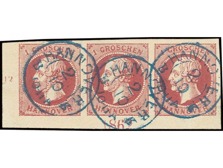 1 Gr. rosa im waagerechten 3er-Streifen, allseits breit- bis überrandige linke untere Bogenecke mit Reihenzäler "12" und Jahr