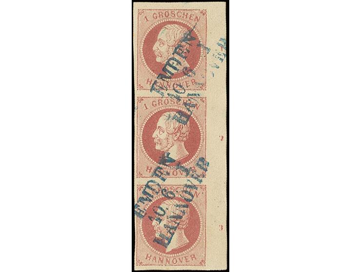 1 Gr. rosa im senkrechten 3er-Streifen, voll- bis überrandig aus der rechten oberen Bogenecke mit Reihenzählern "1"-"3", saub