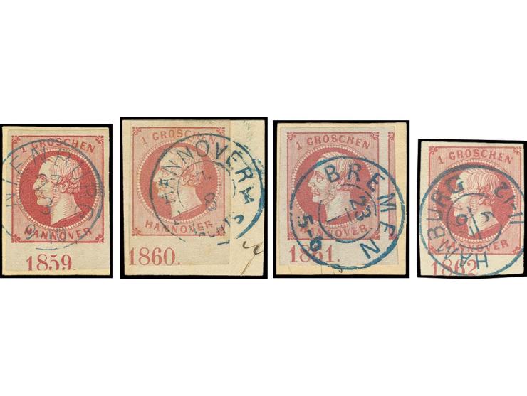 1 Gr. rosa, 4 voll- bis breitrandige Unterrandstücke mit Jahreszahlen "1859" in Stellung II sowie "1860", "1861" und "1862" j