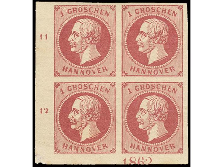 1 Gr. lilarot im 4er-Block aus der linken unteren Bogenecke mit Reihenzählern "11" und "12" sowie Jahreszahl "1862", ungebrau