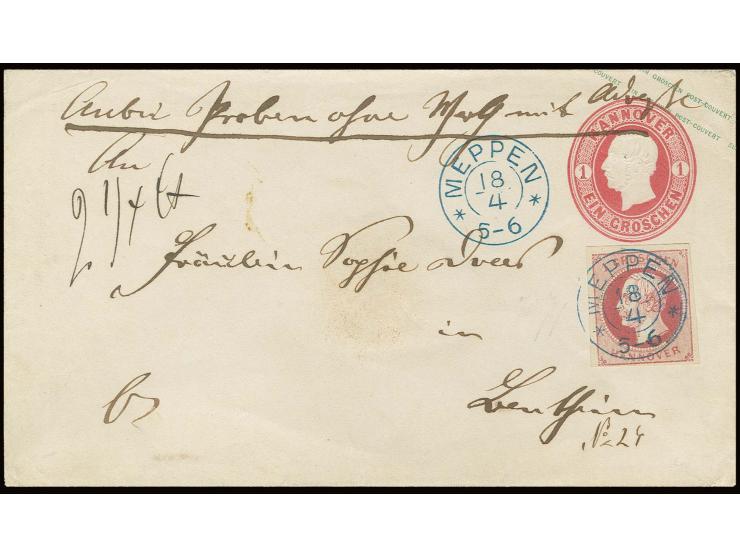 1 Gr. lilarot mit klarem DKr. "MEPPEN 18 4" als Zufrankatur auf Ganzsachenumschlag 1 Gr. rosa mit handschriftlichem Vermerk "