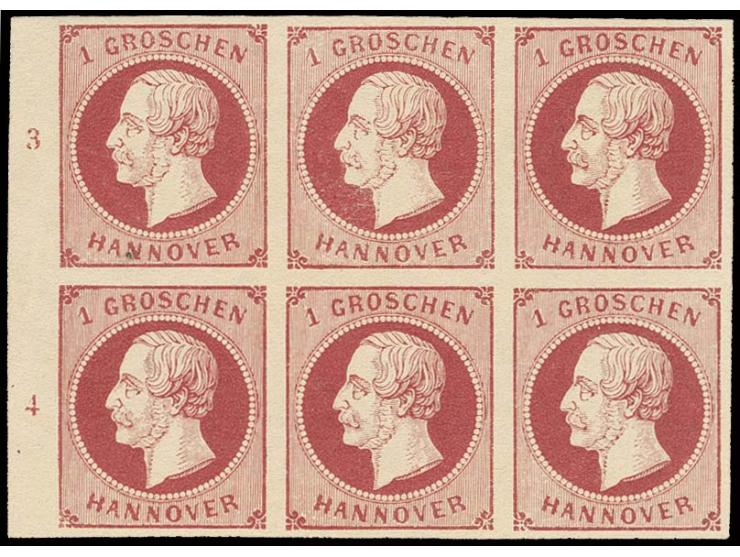 1 Gr. weinrot, feiner Druck, im waagerechten 6er-Block vom linken Bogenrand mit Reihenzählern "3" und "4", farbfrisch und all