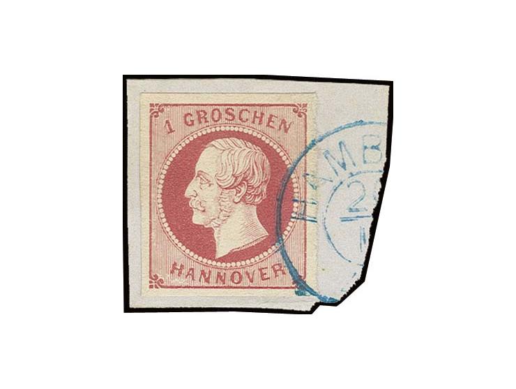 1 Gr. weinrot, feiner Druck, allseits gleichmäßig breitrandig mit DKr. von Hamburg auf kleinem Briefstück, Kabinett, sign. H.
