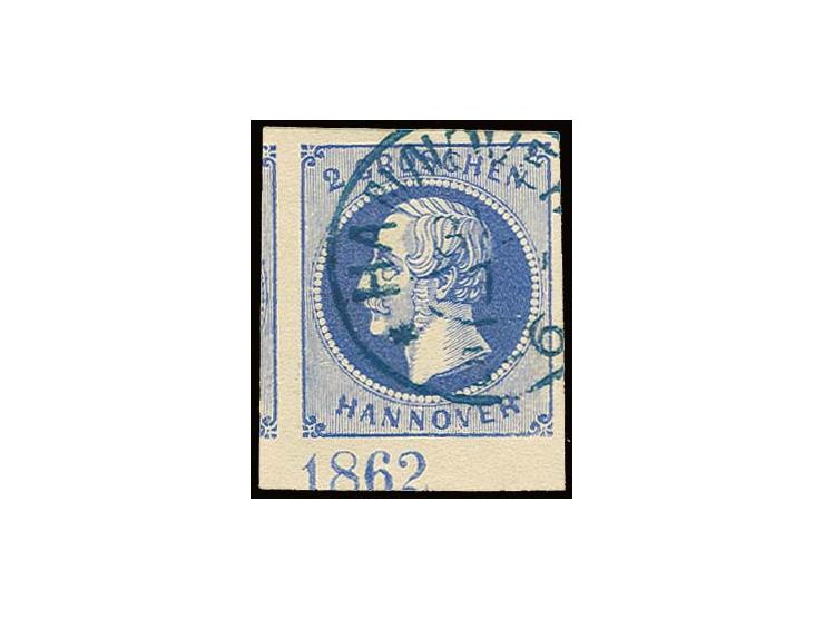 2 Gr. blau, breit- bis überrandiges Unterrandstück mit Jahreszahl "1862", sauber entwertet durch DKr. von Hannover, Luxus, si
