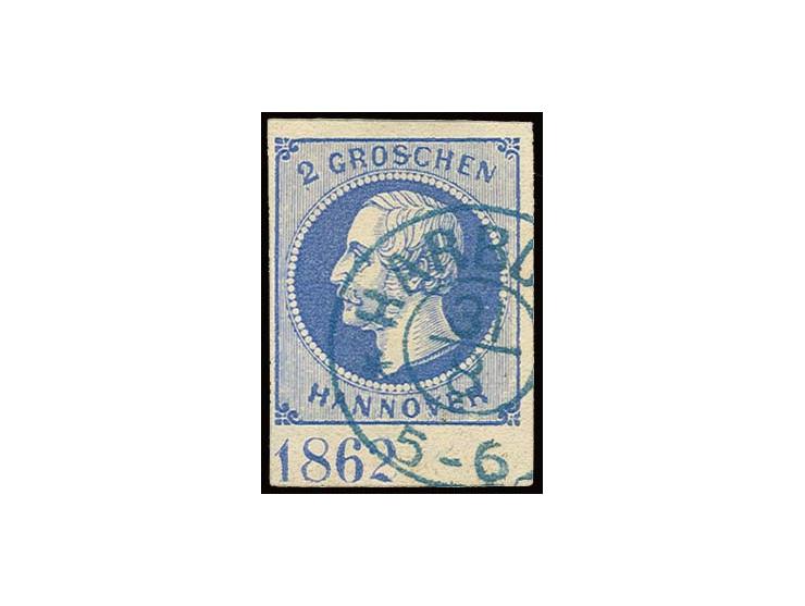 2 Gr. blau, voll- bis überrandiges Unterrandstück mit Jahreszahl "1862", sauber entwertet durch DKr. von Harburg, Kabinett, s