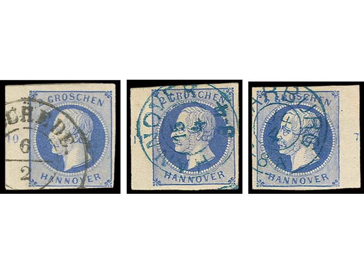 2 Gr. blau und dunkelblau (2), 3 voll- bis überrandige Randstücke mit verschiedenen Reihenzählern, sauber gestempelt, einmal 