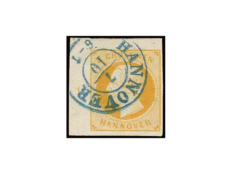 3 Gr. gelborange, voll- bis überrandige linke obere Bogenecke mit Reihenzähler "1", sauber entwertet durch kleinen DKr. von H