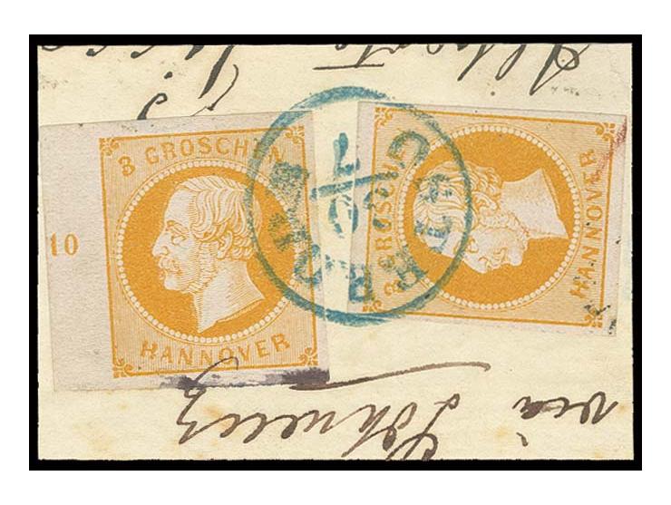 3 Gr. gelborange, 2 breit- bis überrandige Einzelstücke, dabei linkes Randstück mit Reihenzähler "10" mit EKr. "OSTERODE 30/7