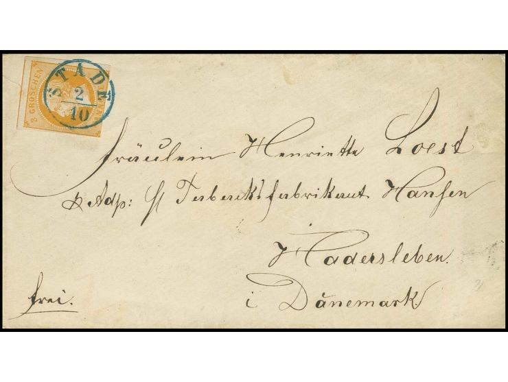 3 Gr. gelborange, unten etwas angeschnitten, sonst voll- bis überrandig mit EKr. "STADE 2/10" (1861) auf Brief (kleiner Einri