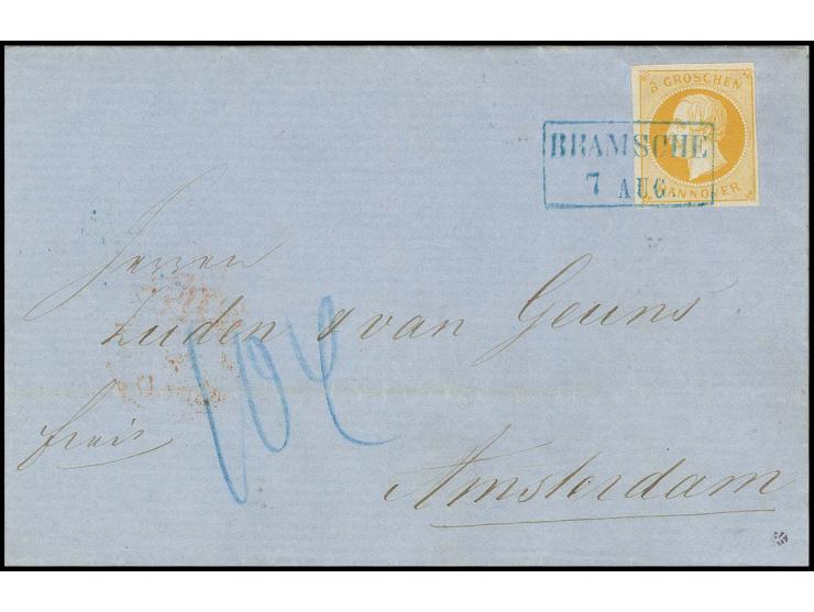 3 Gr. gelborange, sehr schön farbfrisch mit Ra2 "BRAMSCHE 7 AUG." auf Briefhülle 1860 nach Amsterdam mit rückseitigem Ankunft
