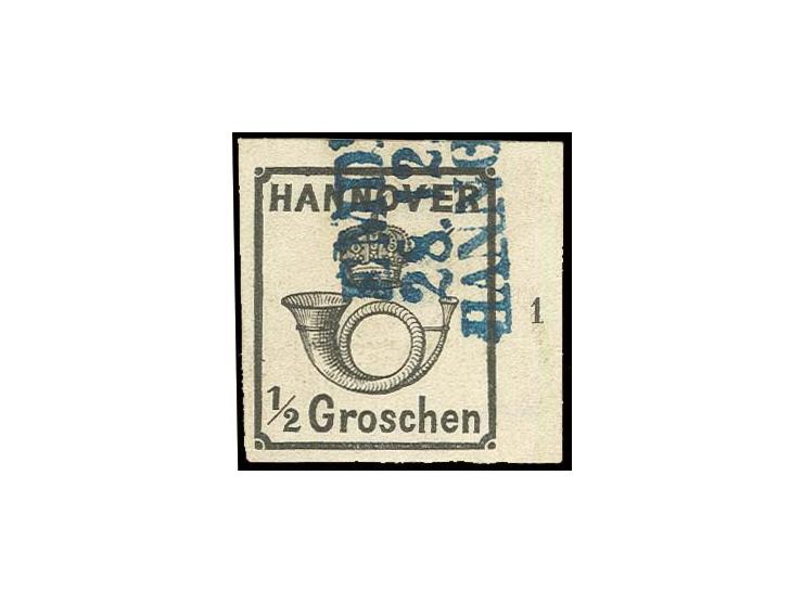 1860, Posthorn mit weißer Gummierung: ½ Gr. schwarz, breit- bis überrandige rechte obere Bogenecke mit Reihenzähler "1", saub