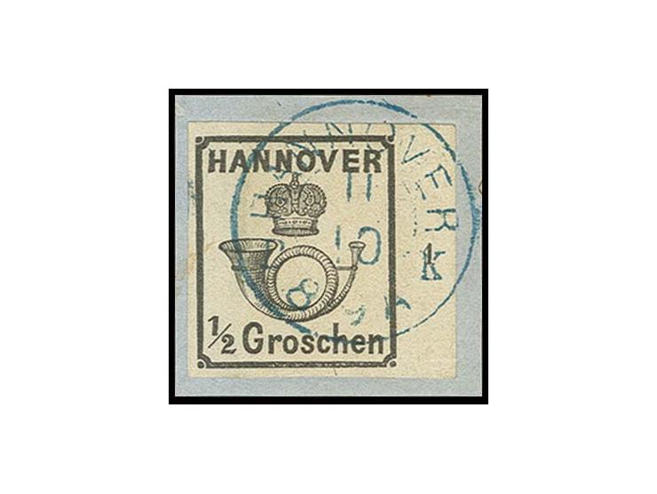 ½ Gr. schwarz, allseits breitrandiges rechtes Randstück mit Reihenzähler "1" mit sauberem DKr. von Hannover auf Briefstück, K