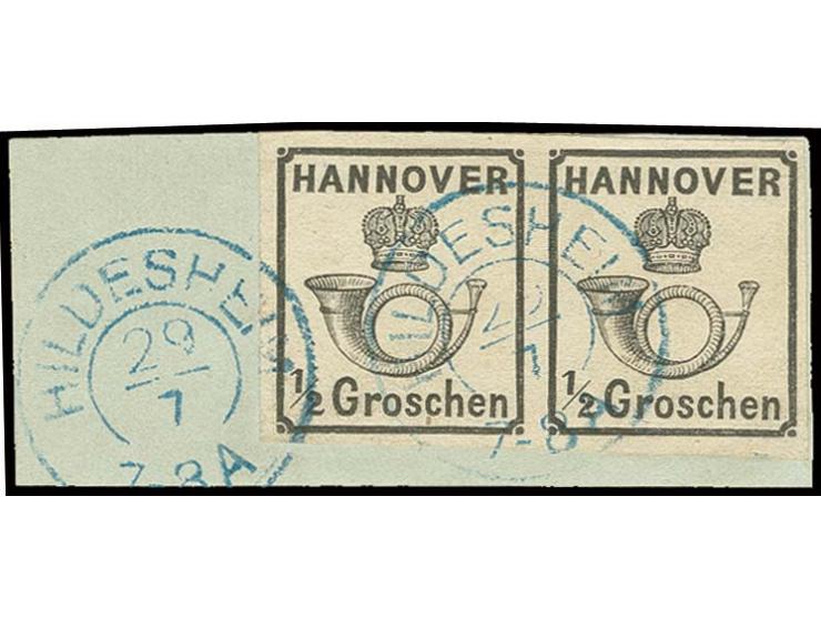 ½ Gr. schwarz im allseits breitrandigen waagerechten Paar, farbfrisch mit DKr. "HILDESHEIM" auf Briefstück, Kabinett, u.a. si