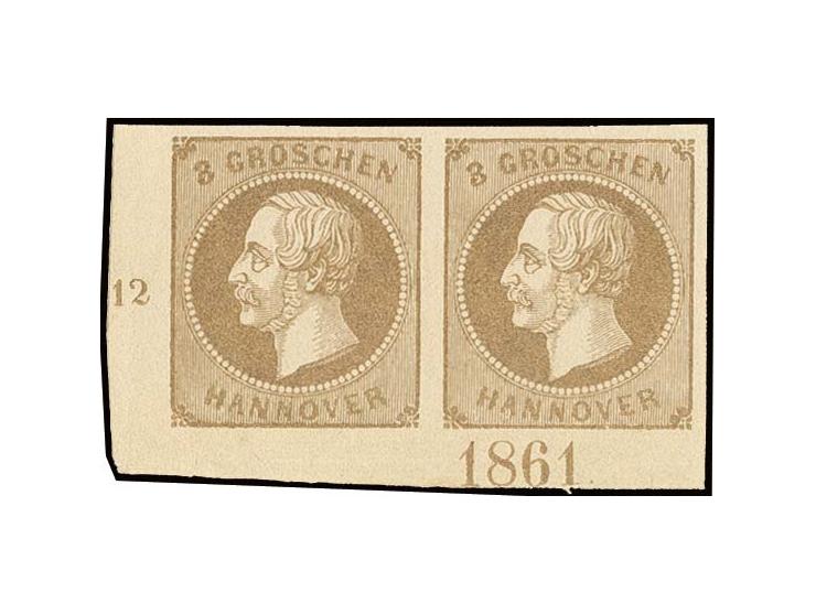 3 Gr. mittelbraun im waagerechten Paar aus der linken unteren Bogenecke mit Reihenzahl "12" links und unten mit Jahreszahl "1