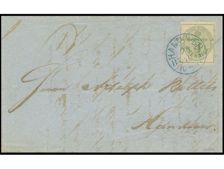 1863, 3 Pfg. olivgrün, voll- bis überrandig, oben mit kleinem Teil der Nachbarmarke, mit blauem DKr. "HANNOVER 28/10" (1864) 